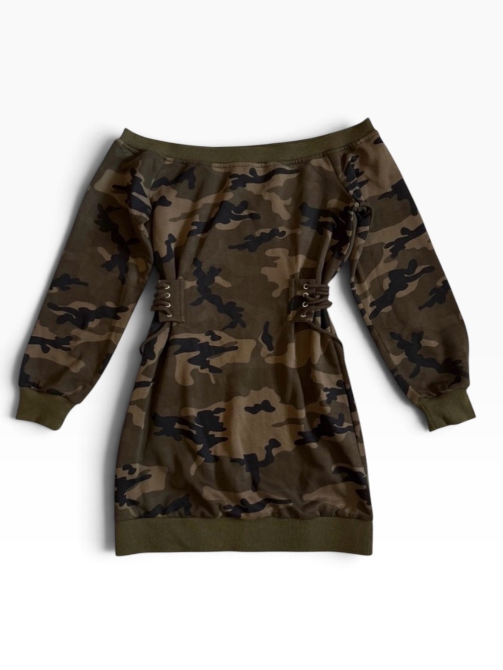 NWOT AKIRA Camo Off-Shoulder Long Sleeve Dress  Sz S 100% Cotton